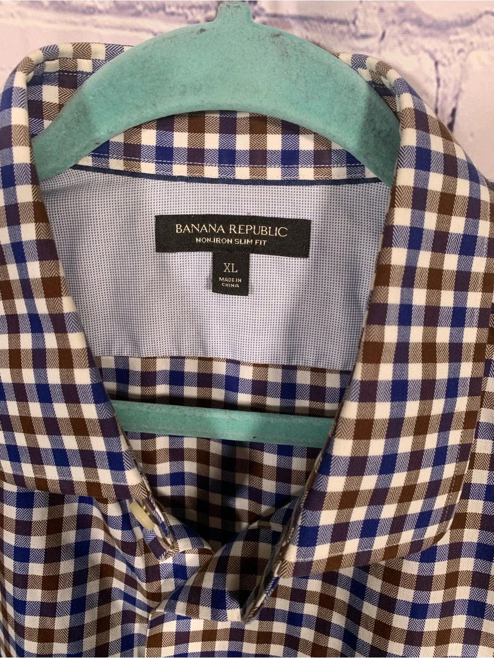Banana Republic Mens Checkered Button Down Blue Brown Sz XL Business Preppy